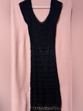 Dressbarm Black Beaded Crochet Knit Midi Dress Whimsigoth